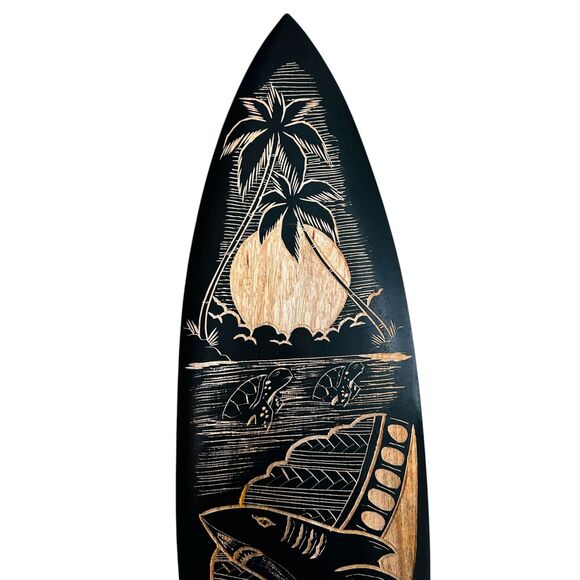 Hawaiian Hand Carved 23" Wood Surfboard MAUI Shark Sunset Palm Trees Turtles - Picture 3 of 8